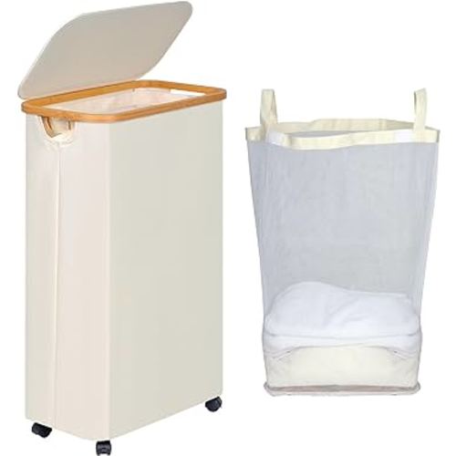 Slim Laundry Basket with Wheels, Rolling Laundry Basket with Lid and Removable Bag, Narrow Dirty Clothes Basket with Wheels for Laundry Room, Bedroom & Bathroom, 75L (19.8 Gallon) Beige