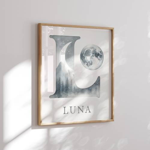 Tailored Name and Initial in Charming Moon Theme - Nursery Printable - Captivating Gift for Newborn Babies, Toddlers, and Young Ones