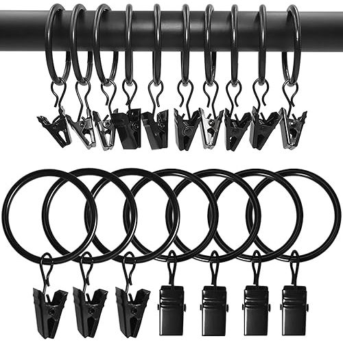 90 Pack Curtain Rings with Clips, Drapery Clips with Rings, Drapes Rings 1.26 in Interior Diameter, Fits up to 1 in Curtain Rod, Black