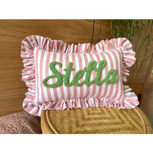 CHERRY STRIPES Personalised Ruffled Cushion Handmade Punch Needle Decor | Nursery Kids Room Styling | Custom Gift Baby Shower