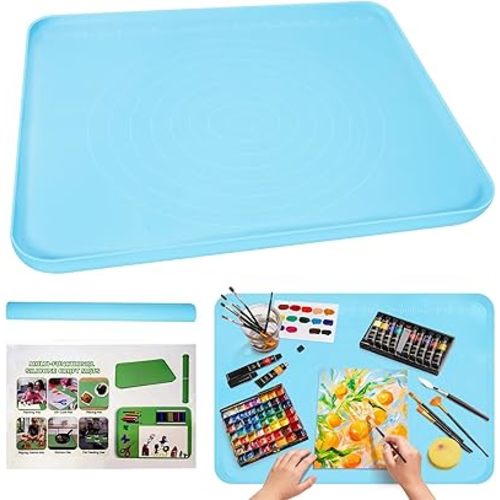 Silicone Art Mat for Crafts, Large 24x19.5 Inch Silicone Painting Mat & Craft Mat with Raised Edges for Artists, Jewelry Making, Playdough, Kids Activities,Blue