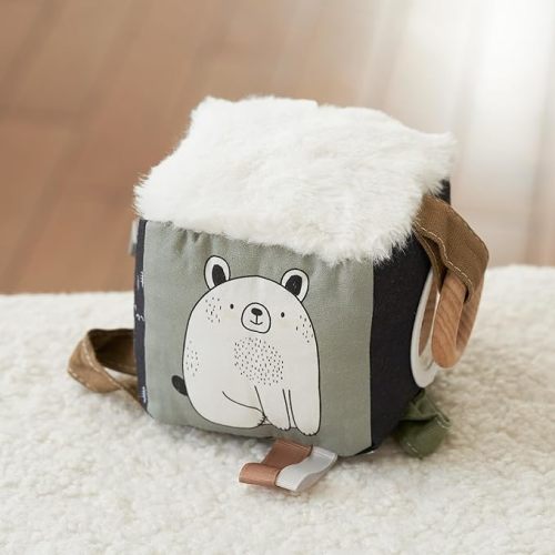 Soft Toy Block with Wooden Ring for Babies 0-3 and 0-6 Months - The Perfect High Contrast Activity Cube & Teething Toy with Tummy Time Mirror for Newborns - A Fun Sensory & Development Toy for Infants - Bear & Fox