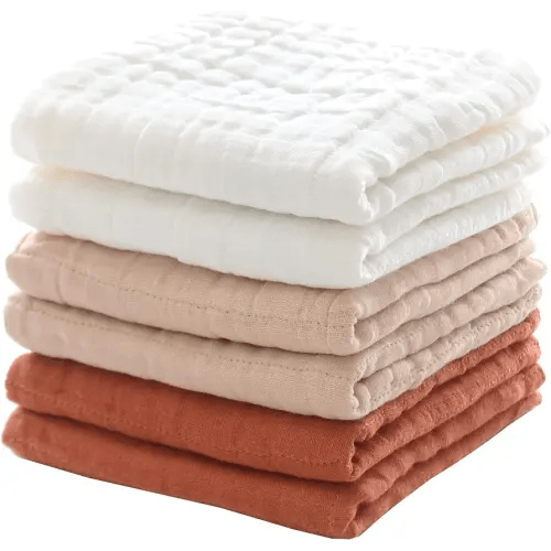 MUKIN Baby Washcloths, Soft Muslin Cotton Face Cloths, Newborn Absorbent Bath Wipes, Burp Cloths or Towels, Pack of 6, 12x12 inches (White,Cream Yellow,Brick Orange)
