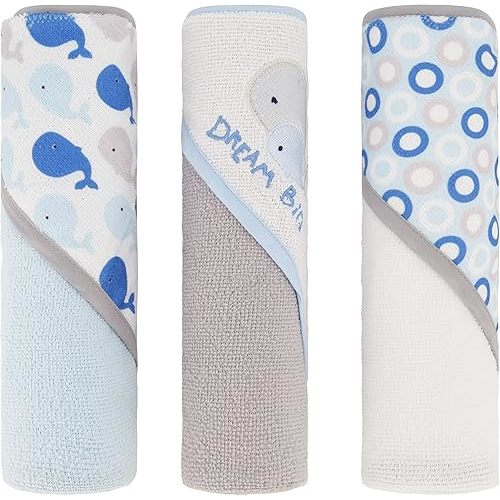 Cudlie Buttons & Stitches Baby Boy 3 Pack Rolled/Carded Hooded Towels in Dream Big Whale Print Cotton (GS71724)