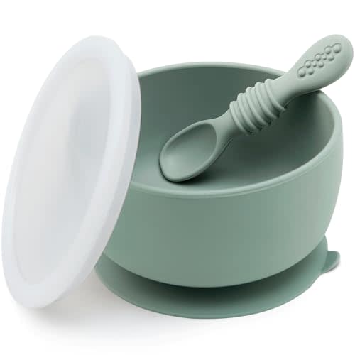 SAMiGO Silicone Baby Bowl and Spoon Set with Suction and Lid, First Stage Self Feeding Essentials, Food Bowl for 6+ Months