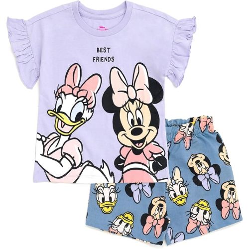 Disney Minnie Mouse Rainbow Floral T-Shirt and Chambray Shorts Outfit Set Infant to Big Kid Sizes (12 Months - 14-16)