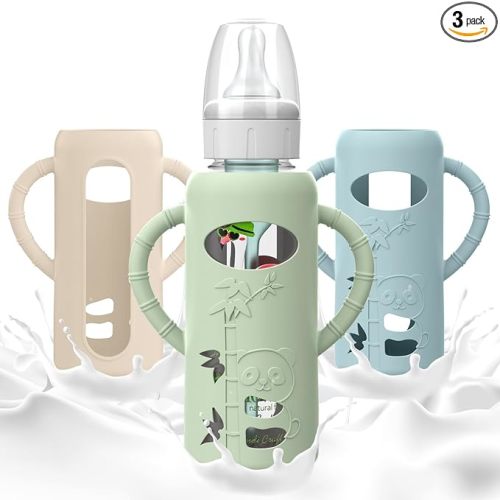 3 PCS Dr Brown Glass Bottles Silicone Sleeves, Compatible with Dr Browns Glass Bottles 8 oz, Anti-Drop Dr Brown Baby Bottles Sleeves with Handles, Heat-Insulating and Easy to Clean