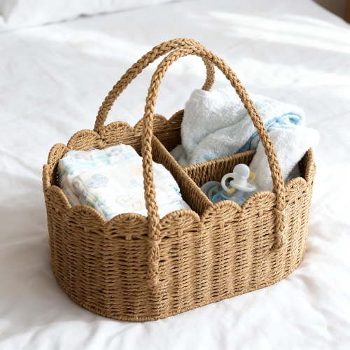2026 Rattan Diaper Caddy Organizer, Woven Paper Rope Storage Rattan Baskets with Removable Divider, Portable Car Organizer for Diapers, Shower Gifts, Essentials Must Haves