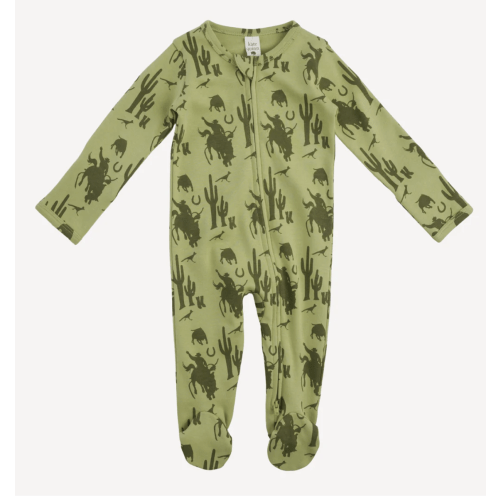 long sleeve two way zipper footie | olive cowboy | organic cotton interlock
