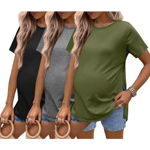 Ekouaer 3 Pack Maternity Shirts Short Sleeve Split Side Pregnancy Tops Casual Pregnant Tunic Blouse