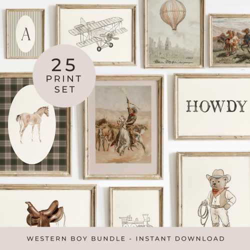 Western Gallery Wall Set of 25 Cowboy Prints Big Boy Room Decor Vintage Western Boys Nursery Prints Set Old Wild West Theme Toddler Playroom