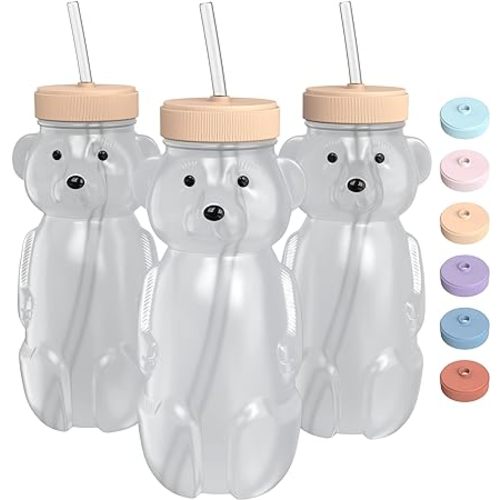 Honey Bear Straw Cup for Babies 3 pack; 8oz straw bear cup with improved safety lid design; honeybear baby cup straw; honey bear cup and honey bear bottle.Straw learning therapy cup(Creamsicle- PEACH)