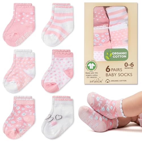 GOTS Certified Organic Cotton Baby Socks 6 Pairs For 0-6 (M) Newborn Girls Soft, Stretchable & Breathable Infant Socks, Cute Little Girls Socks, Baby Registry Essential, Pink