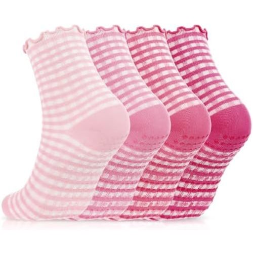 4 Pairs Ruffle Pilates Grippy Socks, Cute Gingham Non Slip Ankle Yoga Socks for Women Dance Gym Exercise