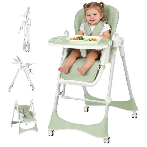 3-in-1 Baby High Chair with Soothing Rocker | Convertible Baby High Chair for babies and Toddlers | Brake Wheels, Easy Clean, Space Saving | Adjustable, Removable Tray (Green)