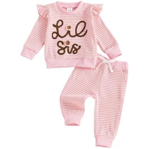 Gaono Toddler Baby Girl Fall Clothes Big Sister Little Sister Macthing Outfits Shirt And Pants Striped Waffle Knit Set