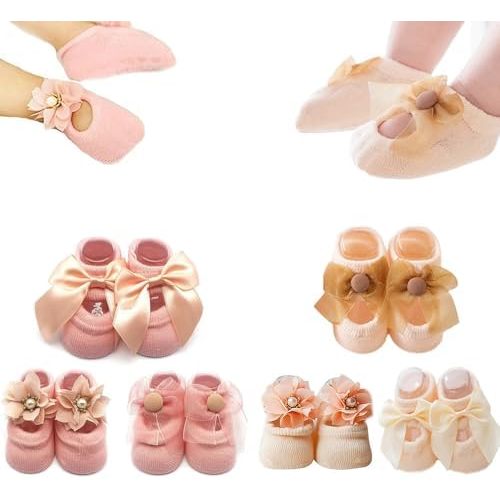 Sywwlov 6Pairs Non-skid Baby Girls Lace Ankle Socks Newborn Toddler Cotton Flower Bowknot Walker Socks 0-18M