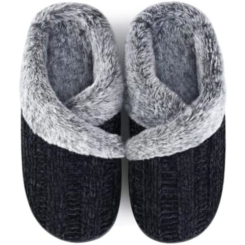 Slippers for Women Fuzzy House Slip on Indoor Outdoor Bedroom Furry Fleece Lined Ladies Comfy Memory Foam Female Home Shoes Anti-Skid Rubber Hard Sole