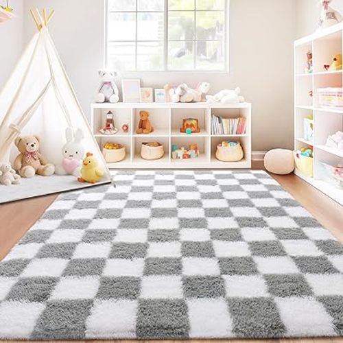 Checkered Rug for Living Room 6x9, Ultra Fluffy Fuzzy Shag Large Area Rug for Bedroom, Modern Plush Soft Upgrade Non-Slip Carpet for Kids Girls and Boys Room Dorm Home Decor, White and Grey