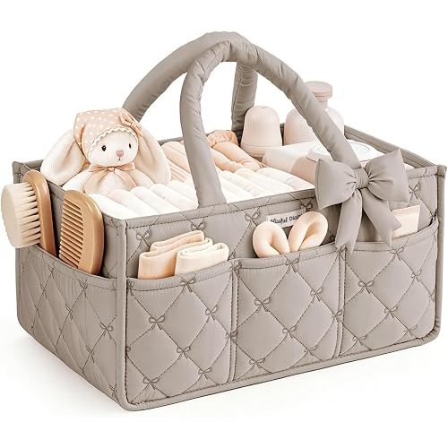Blissful Diary Baby Diaper Caddy Organizer, Nursery Basket, Bow Sand