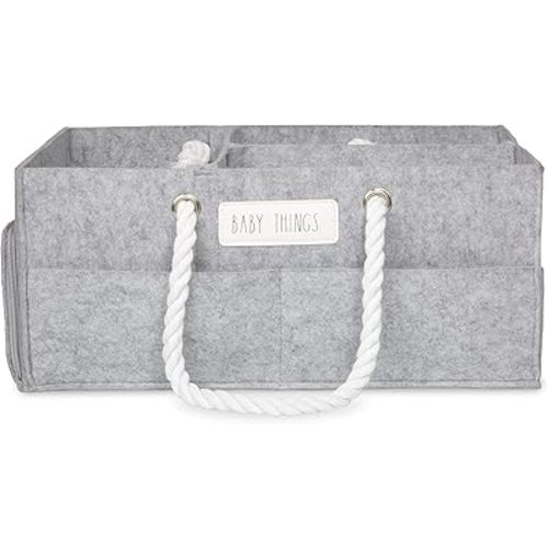 Rae Dunn Baby Diaper Caddy Organizer, Baby Things Storage Organizer for Nursery, Changing Table and Car, Portable Basket for Baby Items, Baby Shower Gifts, Grey Felt with Rope Handles, Large