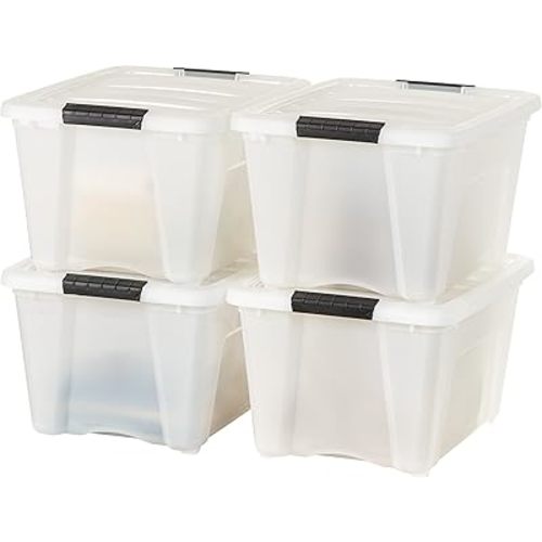 IRIS USA 32 Qt Stackable Plastic Storage Bins with Lids, 4 Pack - BPA-Free, Made in USA - Discreet Organizing Solution, Latches, Durable Nestable Containers, Secure Pull Handle - Pearl