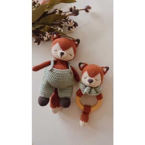 Handmade Crochet Fox Set- Fox Rattle -Fox Doll - Fox Lovey – Woodland Baby Gift Set