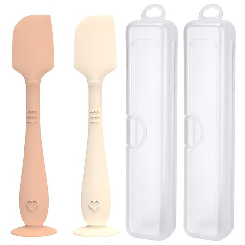 2 Pack Diaper Cream Spatula with Hygienic Travel Case, Butt Spatula Baby with Suction Base, Baby Butt Paste Spatula, Soft Silicone Diaper Rash Cream Applicator Large Size (Brown & Offwhite)