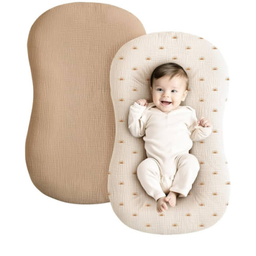 Konssy Muslin Baby Lounger Cover 2 Pack, 100% Cotton Newborn Lounger Cover, Soft and Breathable Baby Nest Slipcover for Boys Girls (Camel,Sun)