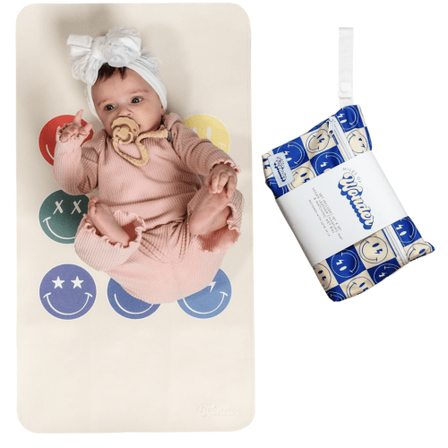 Portable Changing Mat with Reusable Waterproof Wet Bag,(16 x 30 Inches) Baby Changing Mat, Non-Toxic Changing Pad Portable Folds and Wipes Clean, Baby Changing Pad Travel (Smiley Face)