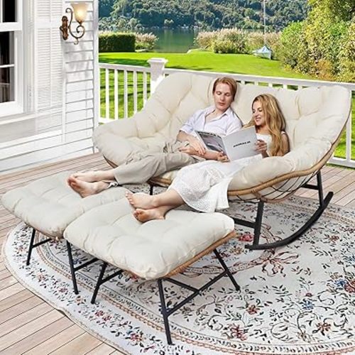 Double Rocking Egg Chair, Indoor Outdoor Oversized Rocking Lounge Chair 700lbs Weight Capacity, Papasan Chair with Cushion for Patio Garden(Beige wiith Ottomans)