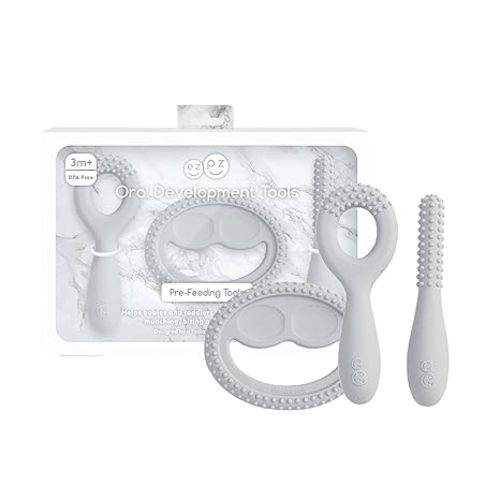 ezpz Oral Development Tools (3 Pack in Pewter) - 3 Months+ - Non-Slip Loop, Smile and Stick 100% Silicone Tools - Prepare for Chewing + Solids - Baby-Led Weaning Supplies