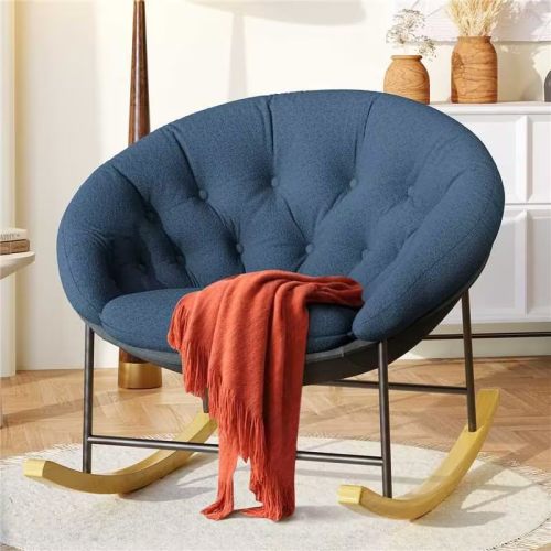 Kidirect Rocking Chair Nursery, Modern Upholstered Nursery Rocking Chairs with Cozy Cushion, Comfy Nursery Rocker & Large Round Saucer Sofa Chair for Reading, Suitable for Living Room/Bedroom (Blue)