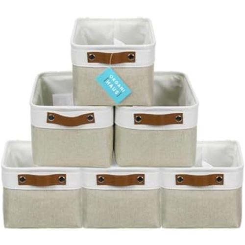 OrganiHaus Small Fabric Storage Baskets for Shelves 6 Pack, 12x8in Closet Storage Bins for Shelves, Cloth Baskets for Organizing, Linen Closet Organizers, Fabric Basket, Beige/White