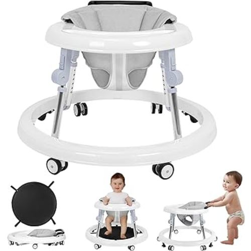 Foldable Baby Walker with Wheels and Anti-Rollover, Sit to Stand Activity Center for Boys and Girls 6-18 Months, 5-Position Height Adjustable (White)