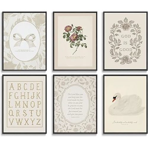 6Pcs Christian Nursery Poster Wall Art Cute Bible Verse Wall Decor Picture Vintage Scripture Floral Bow Posters Print for Kids Room Boy Girls Room Nursery Decoration Unframed