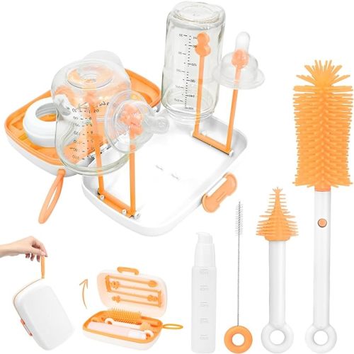 Baby Bottle Brush Set,Essential Travel Bottle Cleaner Kit with Drying Rack,Includes Silicone Bottle Brush, Nipple Brush, Straw Brush, Soap Dispenser and Storage Case,Baby Travel Essential - White
