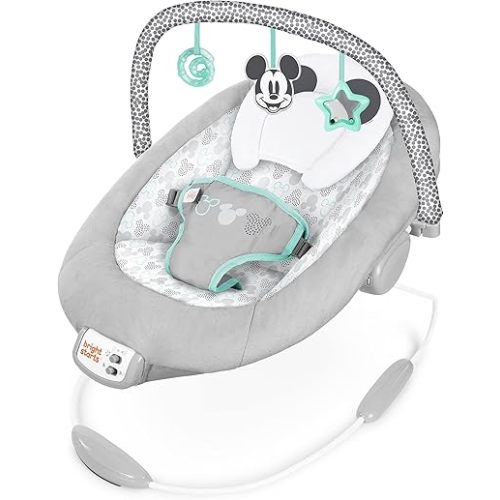 Bright Starts Mickey Mouse Comfy Disney Baby Bouncer in Cloudscapes Includes -Toy Bar with 3 Cute Toys, Plays 7 Soothing Melodies w/Auto Shut-Off, Age 0-6 Months