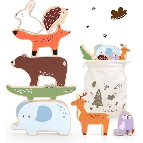 PairPear Wooden Stacking Toys for Toddlers Animals Stacking Blocks Balance Game for Preschoolers Montessori Sensory Toys with Large Blocks Educational Gift for Boys and Girls 18 Months+