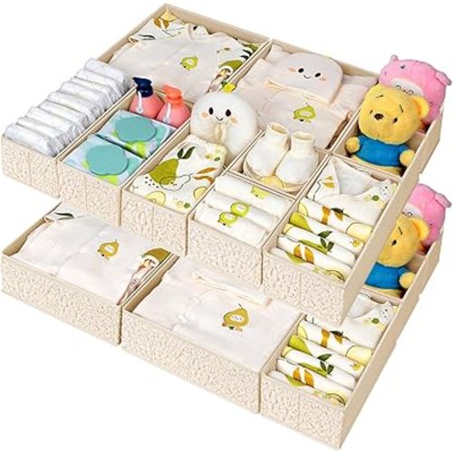 Drawer Organizer Clothes - Cute Dresser Organizer and Baby Clothes Organizer, Foldable Dresser Drawer Divider for Baby Clothes, Nursery Organization, Underwear, Shirts, 18-Pack, Beige
