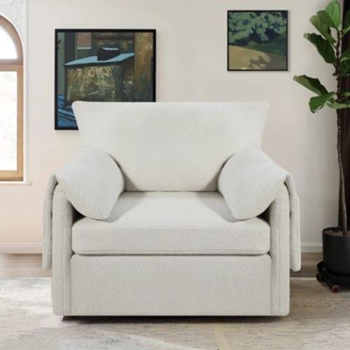 GDFStudio Coral Teddy 40.15" W Oversized Swivel Armchair with Four Pockets, White