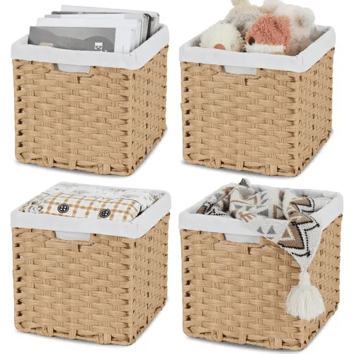 Bidtakay Wicker Storage Baskets with Liners 11x11 Storage Cube Bins with Handles Imitation Water Hyacinth 4-Pack Waterproof Woven Storage Baskets for Organizing Rattan Baskets Organizer-Natural