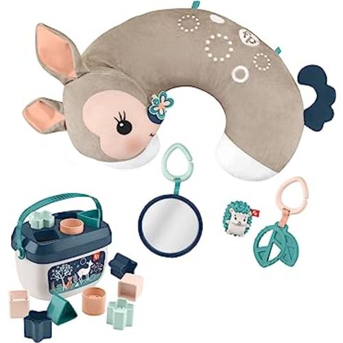 Fisher-Price Tummy Time Fawn Wedge [Amazon Exclusive] + Fisher-Price Baby's First Blocks Navy Fawn, Set of 10 Blocks for Stacking and Sorting Play [Amazon Exclusive]