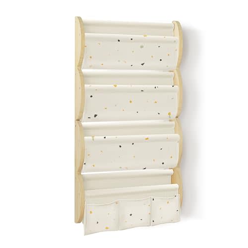 wooshwa Wooden Wall Mounted Bookshelf for Kids Rooms, 4 Tier Floating Nursery Book Shelf, Kids Bookshelf with 2 Pockets, Toddler Sling Book Rack with Deep Sleeves (Terrazzo)