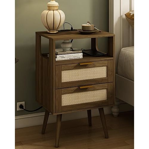 Rattan Nightstand with Charging Station,Modern Bedside Table with 2 Storage Drawer and Open Wood Shelf, for Bedroom and Small Spaces,Night Stand with Solid Wood Legs,Walnut Brown-2D