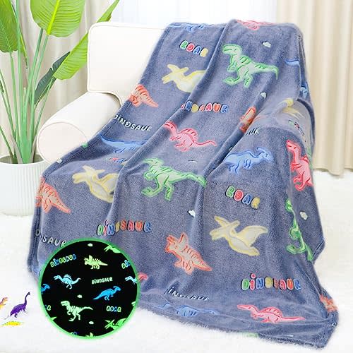 Dinosaur Blanket Glow in The Dark Dino Blanket for Boys Kids Dinosaur Toys for Boys Gifts Soft Fleece Cute Toddler Blanket for Bed Dinosaur Decor Kids Birthday Christmas Valentines Presents