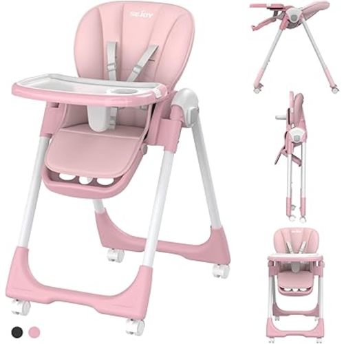 Baby High Chair with 4 Wheels for Babies & Toddlers,for 6 Months-6 Years,Up to 110 LBs/50kg,Removable Dishwasher Meal Tray,Adjustable Backrest Footrest Tray Positions Seat Heights (Pink)