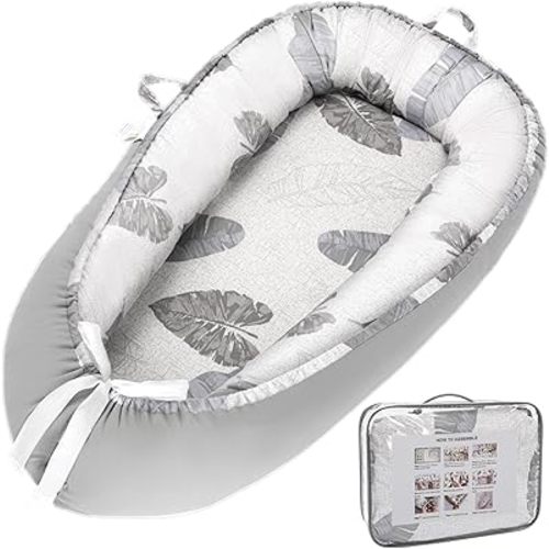 Baby Lounger for Newborn 0-12 Months, Organic Cotton Infant Lounger on Floor for Supervised Tummy Time, Adjustable Portable Support Pad for New Born Awake Use Only - Grey Leaves