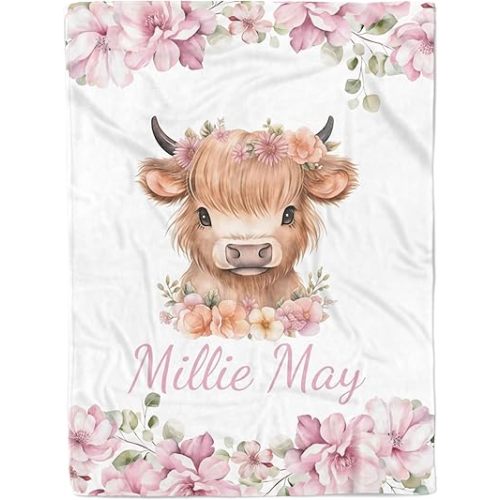 Highland Cow Floral Personalized Baby Girl Blanket, Custom Name Gift (30 x 40 Baby)