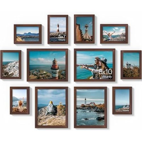 Vittanly 12 Pack Picture Frames Collage Wall Decor for Mounting or Tabletop Display, Gallery Wall Frame Set for Family, Multi Sizes Including 8x10, 5x7, 4x6, Light Brown